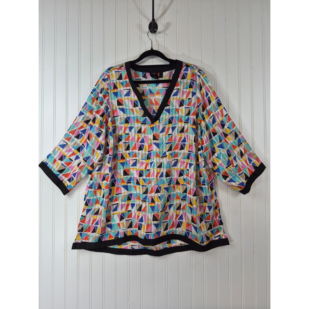 Rafaella 1X Geometric Triangle Print V-Neck Sheer Top 3/4
Sleeve Swim CoverUp